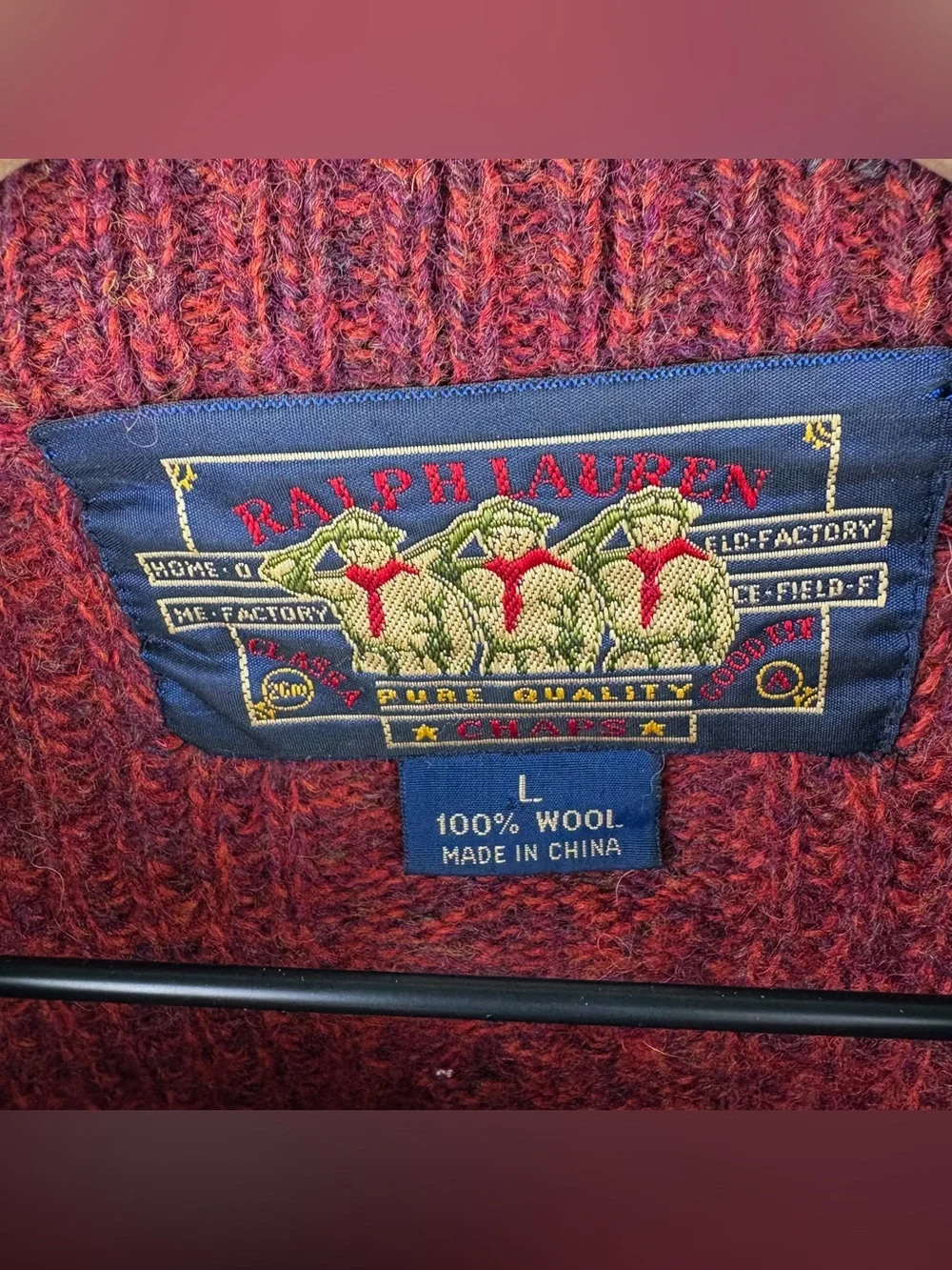 Ralph Lauren 100% Wool Vintage Chaps Red Marled Knit Crew Sweater Mens Large